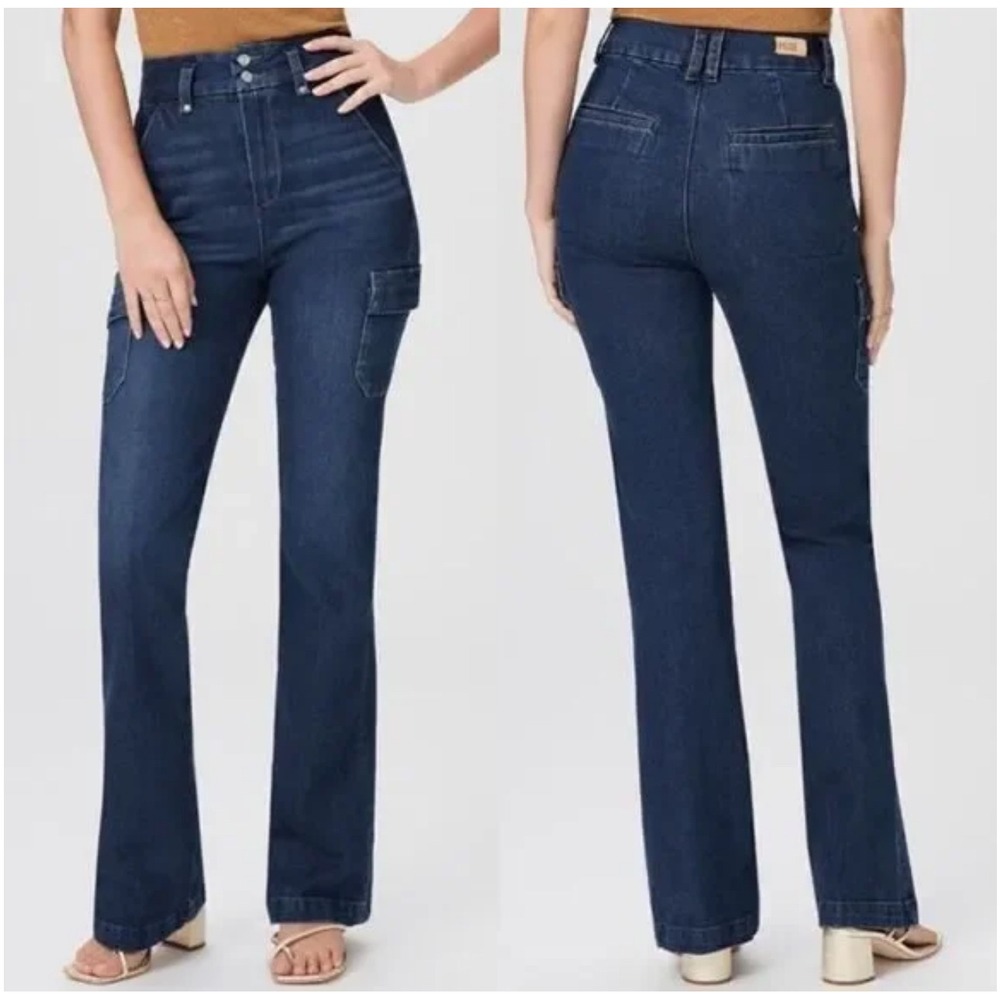 PAIGE Dion Cargo Pockets Gracie Lou Flare Jeans Sz 26 High Rise Dark Wash NWT - Picture 12 of 15